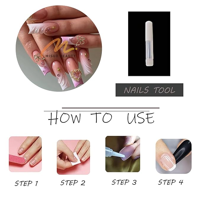 MISUD Press on Nails - Long Square Fake Nails with Purple French Tip, Acrylic Gold Charms Design 24 pcs