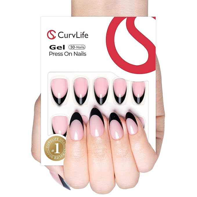 Curvlife Press On Nails Medium Almond Pink - Black Heart French Tip Press on Nails with Glue, Love Hearts Black Pink French Glossy Nude Fake Nails Long Lasting False Nail Tips for Women