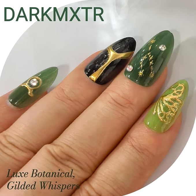 Green Agate Press-On Nails with Gold Wave & Butterfly Design - 24pcs Reusable Fake Nails with 3D Rhinestones & Zodiac Decor for Women (Coffin Shape)