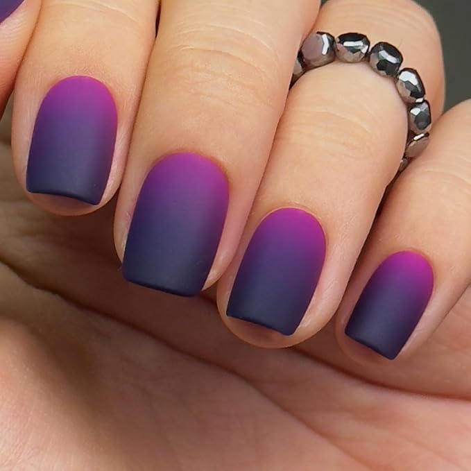 Curvlife Press on Nails Short Square Acrylic Fake Nails with Design Full Cover False Nails Reusable Nail Kit with Glue on Nails (Frosted Purple, 30pcs)