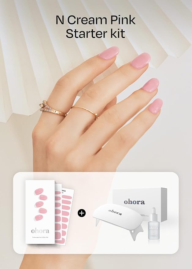 ohora Semi-Cured Gel Nail Strips Value Set (N Cream Pink Starter Kit) Includes Full Size Lamp and Mini Remover, Salon-Quality, Long Lasting, Easy to Apply & Remove