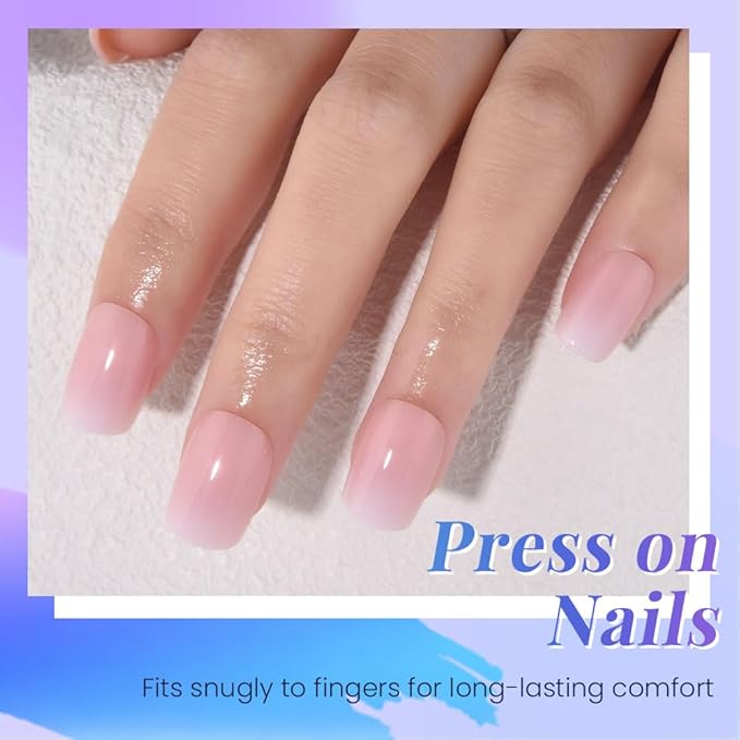 Pink Brown and White Ombre Press on Nails, Short Square Acrylic Fake Nails Design, Natural Reusable Nails Kit for Women DIY False Nail Art Decoration Gift, Salon Quality Reusable