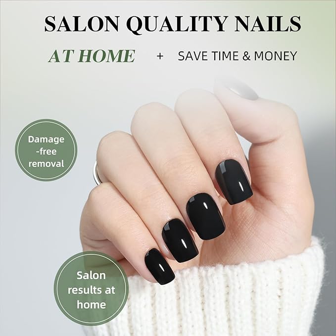 Black Press On Nails Square - Goth Short Square Fake Nails, Gothic Press On Nails Reusable Stick On Nails in 15 Sizes 30pcs False Nail Kit for Women & Girls (Pure Black)