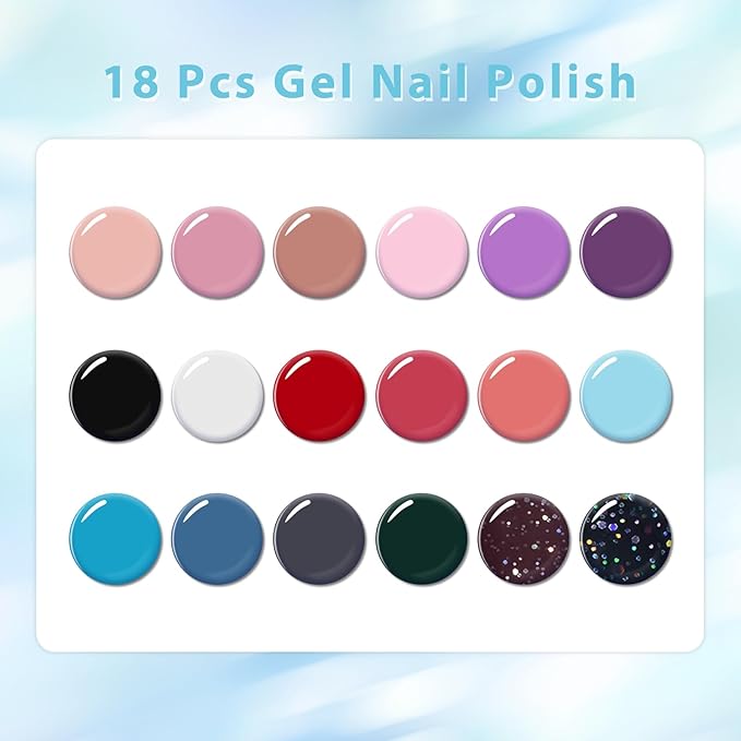 Gel Nail Polish Kit - 18 Colors Soak Off LED/UV Lamp Curing, Long Lasting & Chip Resistant, High Gloss Finish Nail Polish, Trendy Colors for Women & Girls, Salon & Home Manicure