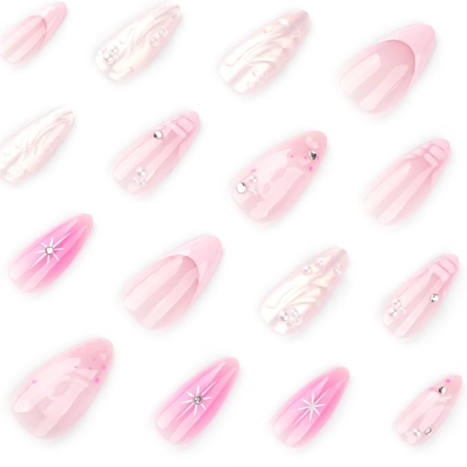 Medium Press on Nails Almond Fake Nails French False Nails Ombre Artificial Nails with Pearl Designs Acrylic Nails Press ons Pink Stick on Nails for Women 24pcs