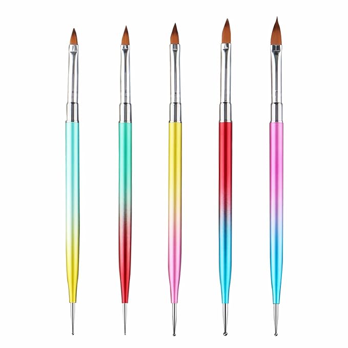 Dual-Ended Nail Art Brush & Dotting Pen Set - 5PCS Metal Rainbow Nail Brushes for Acrylic Gel, 3D Design, Extension, Manicure - Professional DIY Home Salon Tools