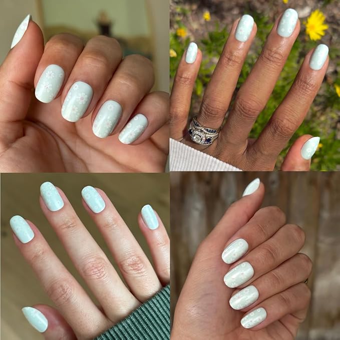 Olive & June Maximalist Instant Mani Press-On Nails (Glue) | 42 Fake Nails, 21 Sizes | Non-Toxic, Long-Lasting Big, Bold Gorgeous Realistic Look | Short, Round | Teal Chrome Flower Shower