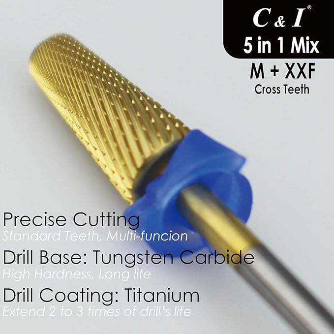 C & I 5 in 1 Nail Drill Bit, Mixed Sizes Edition, Cross Teeth, 2 Way, Professional Multi-function Nail Drills for Electric Manicure Drill Machine, Shank 3/32” (Mix, M & XXF)