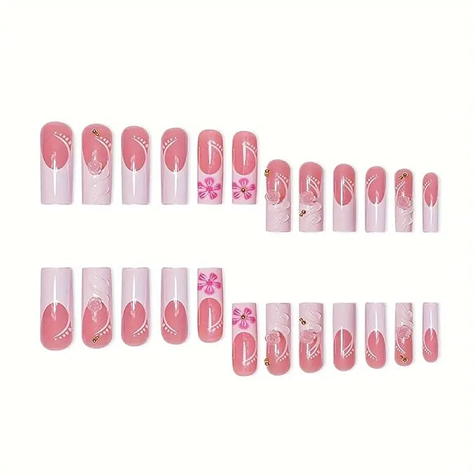 Press on Nails Coffin Long Length Acrylic Glossy Full Cover Square Shaped French False Nails with Designs Artificial Extra Long Fake Nails with Charms Glue ons Fingernails for Women(XXS221)