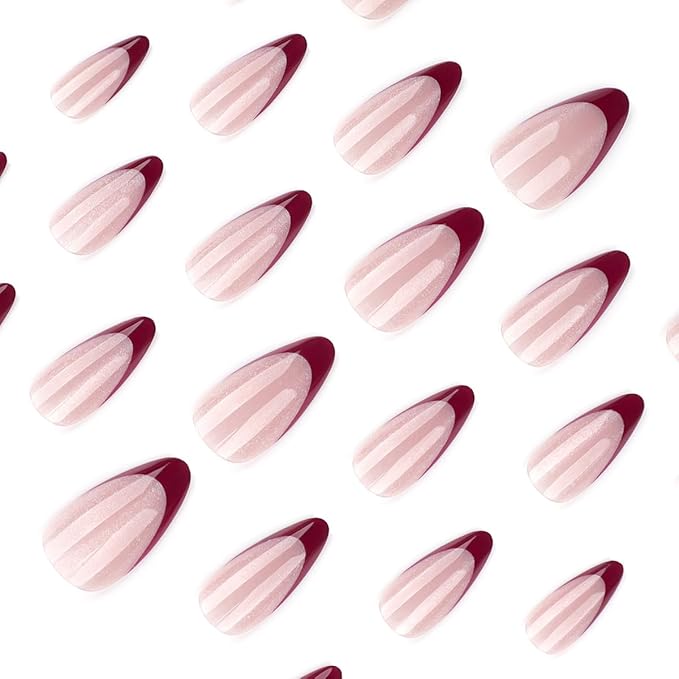 Red French Tip Press on Nails Medium Almond Fake Nails Cat Eye Nails Press ons with Design,Reusable & Easy Apply Full Cover Stick on Nails for Women Valentines Manicure 24Pcs