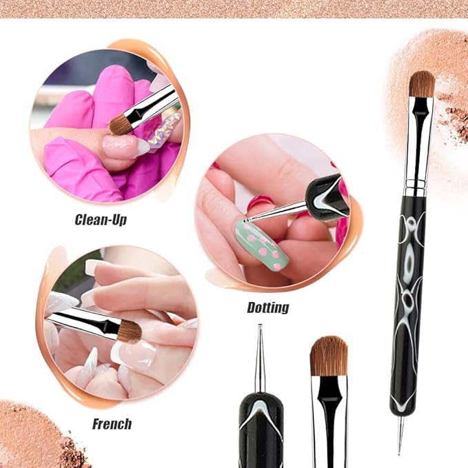 French Manicure Brush -Two Way Sable Nail Art Brush with Dotting Tool for Manicure Cuticle Clean Up Nail Art Design- Professional Nail Salon Quality Brush, Nail Dotting Pen (16#)