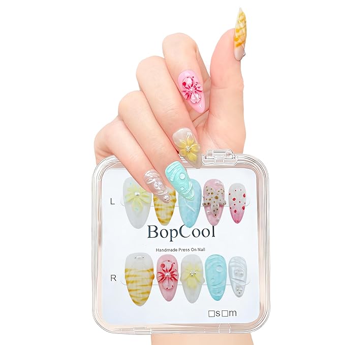 Luxury Press-On Nails – Medium Almond Handmade French Tip Nail Art | 3D Flower & Pearl Design | Blue Ocean Pattern False Nails | Reusable Acrylic Nail(M-10PCS)