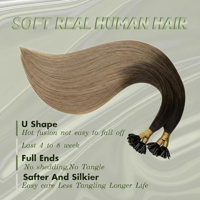 RUNATURE U Tip Hair Extensions Real Human Hair, Balayage Brown K Tip Human Hair Extensions, Hot Fusion Pre Bonded Natural Hair, Easy to Maintain, Soft Texture 18 Inch 50g 50s #2/6/18