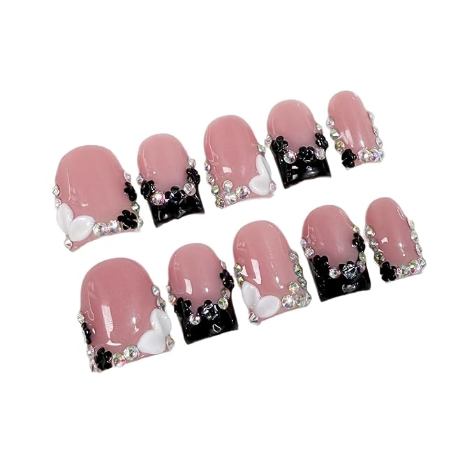 Handmade Press on Nails Short Square Black French Tip Thick Acrylic Fake Nails 3D Floral False Nails with Rhinestones Designs Luxury Full Cover Stick on Nail for Women Nail Art DIY 10Pcs (Size M)