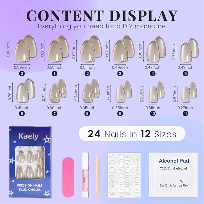 Nude Cat Eye Press on Nails Short Almond, Acrylic Fake Nails with 3D Gold Line Design, Reusable Glue-On Stick for Cute Nude Nails for Women