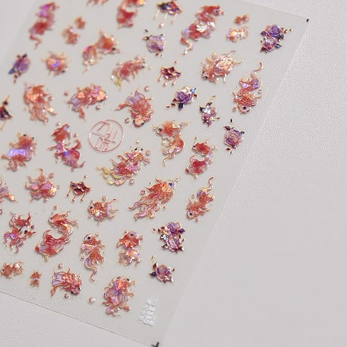 3Sheets Lucky Fish Nail Stickers Gold Pink Laser Chinese Character koi Acrylic Nail Decals for Chinese New Year Tattoo Design Supplies (Fish)
