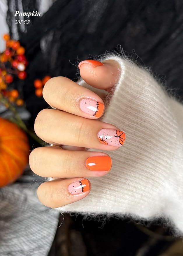 Semi Cured Gel Nail Strips (Pumpkin), Orange, 20 Pcs Thanksgiving Gel Nail Wraps, Stickers, Salon Quality, Long Lasting, Works with Any UV Lamps