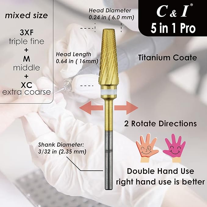 C & I 5 in 1 Nail Drill Bit, Mixed Sizes Edition, Cross Teeth, 2 Way, Professional Multi-function Nail Drills for Electric Manicure Drill Machine, Shank 3/32” (Pro)