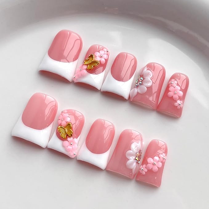 French Tip Press on Nails Handmade Short Duck 3D Floral Thick Acrylic Nails White False Nails with Flower Butterfly Designs Elegant Glossy Fake Nail Sturdy Art Wedding Press on Nail 10Pcs(M)