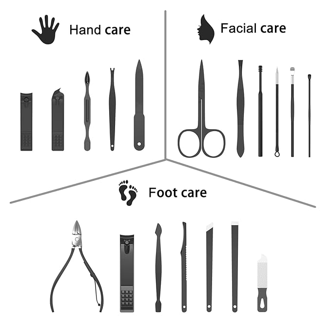 Cater Manicure Nail Clippers Pedicure Set - Stainless Steel Manicure, Professional Grooming Kit, Nail Care Tools with Luxurious Travel Case (18pcs-Black)