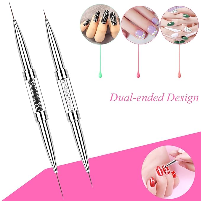 2Pcs Dual-ended Nail Art Liner Brush Set for UV Gel Polish Painting Drawing Rhinestone Handle Professional Nail Design Brushes 7/11/15/21mm