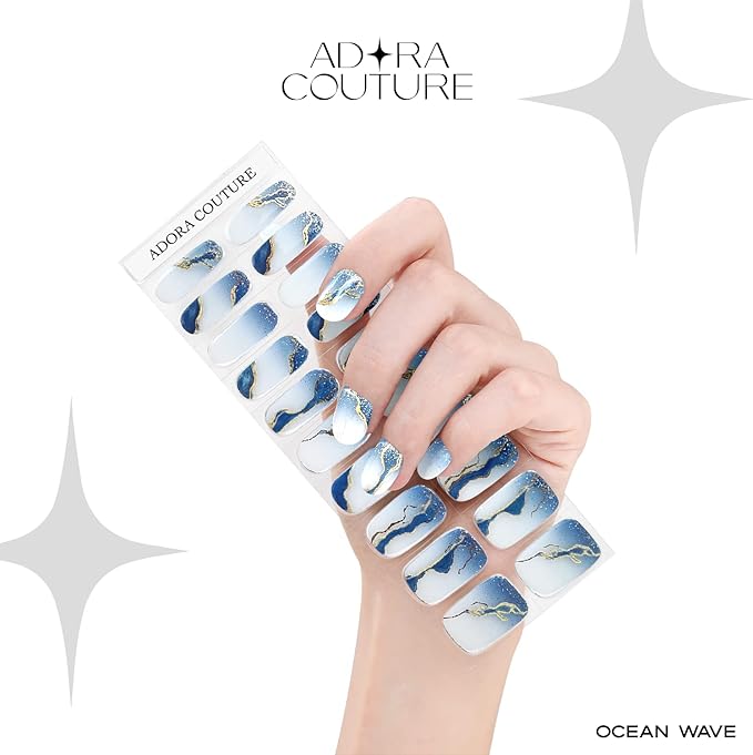 Semi-Cured Gel Nail Strips - 20 Salon-Quality Gel Sticker with UV Light Required, Long Lasting, Easy Application & Removal, Includes Prep Pad, Nail File, Wooden Stick (Blue Oceanwave)