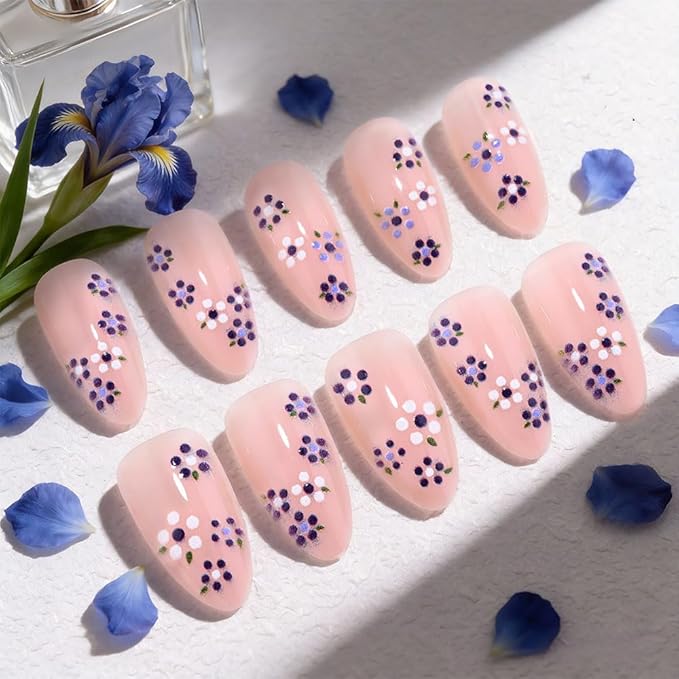 Spring Summer Purple White Floral Press On Nails Medium Almond Fake Nails, Salon Quality Reusable Acrylic Nails for Women & Girls, DIY Nail Art Gift Kit - 30 PCS 15 Sizes