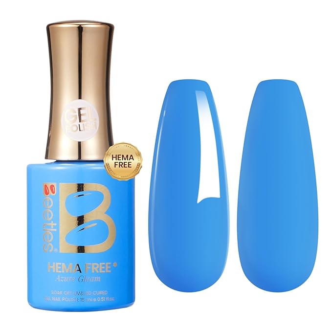 Beetles Blue Gel Nail Polish - Azure Gleam 15ML/0.51Fl Oz, Hema Free Bright Neon Blue Gel Polish, Same Color Same Bottle, Soak Off UV LED Lamp Spring Summer Nails Art, Manicure Salon DIY Neon Nails