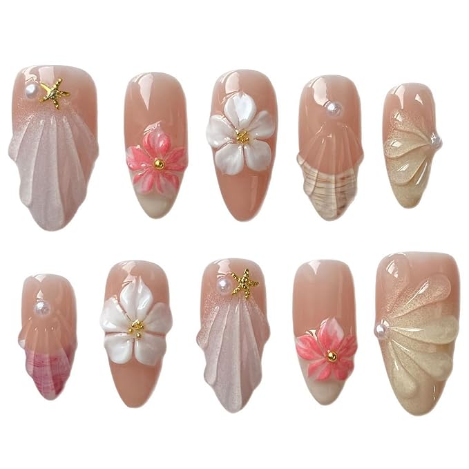 Press on Nails Almond Handmade White Flower Pearl and Starfish Fake Nails Design Thick Acrylic and MutiLayer Gel False Nails Full Cover French Medium Fake Nails Nails for Women DIY Art Decor (Size S)
