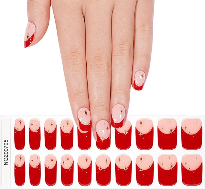 Semi Cured Gel Nail Strips - 20Pcs Red French Tip UV Gel Nail Wraps with Gold Star Design, Long Lasting Salon-Quality Stickers, Includes Nails File & Wooden Stick - UV/LED Lamp Required