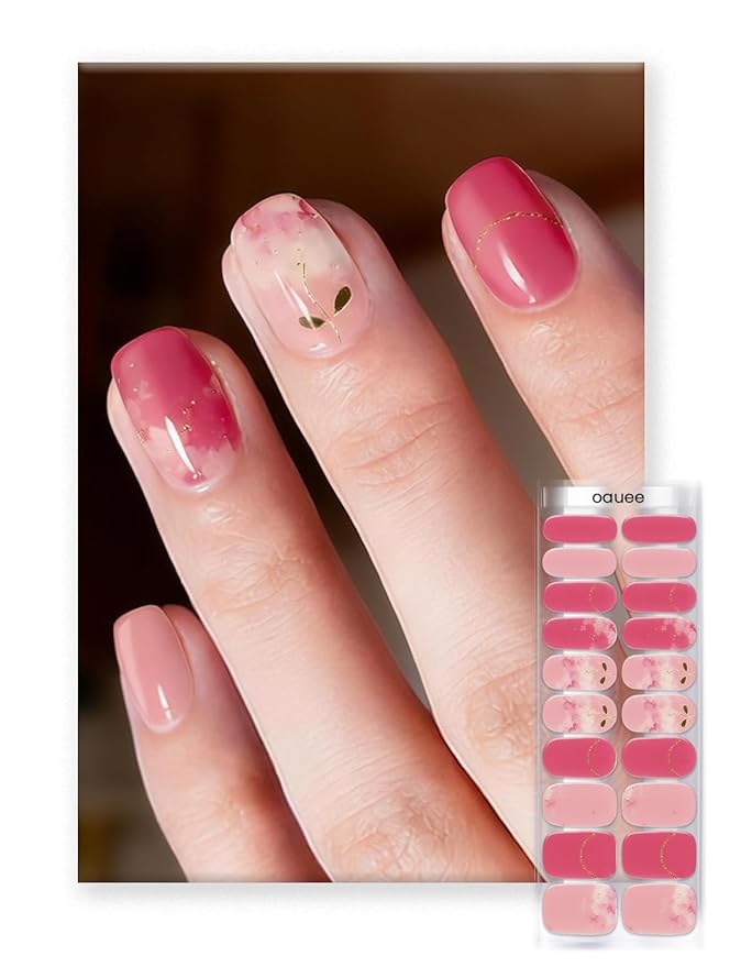 Semi Cured Gel Nail Strips | Built-In Gel Top Coat | UV Light Required | Salon Quality, Easy Application And Removal (Bloom in Blush Gold）