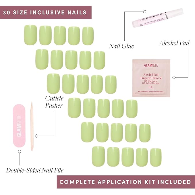 Glamnetic Press On Nails - Light Sage | Short Squoval Green Fake Nails with Glossy Finish, Salon Quality | 15 Sizes - 30 Nail Kit with Glue