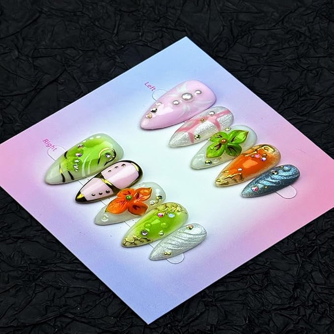 100% Handmade Press on Nails Medium Almond Handmade Nails with Orange Flower Charm Design Green False Nails Rhinestone Pearl Nail Press ons Reusable Acrylic Fake Nails for Women Girls Size M 10Pcs