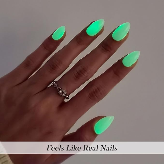 Pastel Beige Press on Nails Almond - SHANGMENG Glow in The Dark Short Nails for Women, Seamless Fit & Glossy Soft Gel Glue On Nails in 16 Sizes - 32 Fake Nails Kit with Glue, Enchanted Lumen