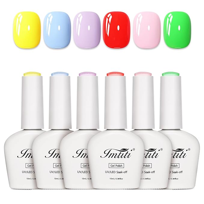 Imtiti 6 Pcs Gel Polish Set,10ml Same Color Same Bottle Cap Spring Summer Gel Nail Polish Kit (Neon Green, Neon Red, Light Purple, Light Blue, Light Pink, Neon Yellow,10ml*6)