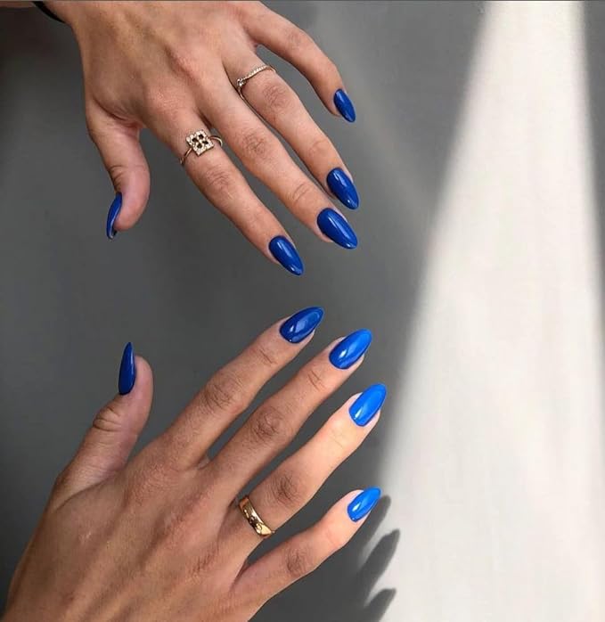 Royal Blue Press on Nails - Almond Shape Medium Length Neutral Acrylic Reusable Fake Nails for Women Girls - Glue on Stiletto False Soft Gel Artificial Nails