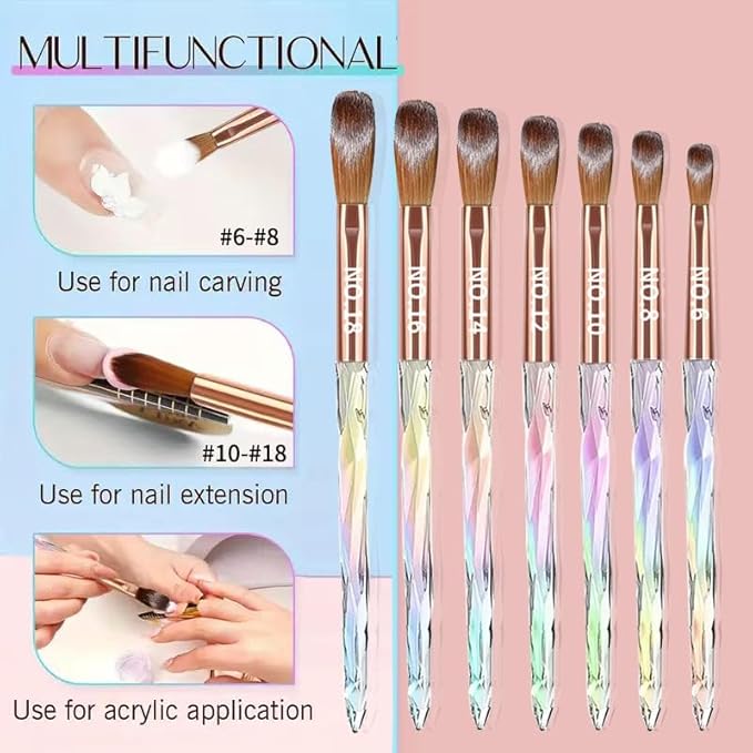 7PCS Acrylic Nail Brush Set,Size 6/8/10/12/14/16/18 Professional Nail Brushes for Acrylic Application Extension and 3D Carving for Nail Home Salon DIY