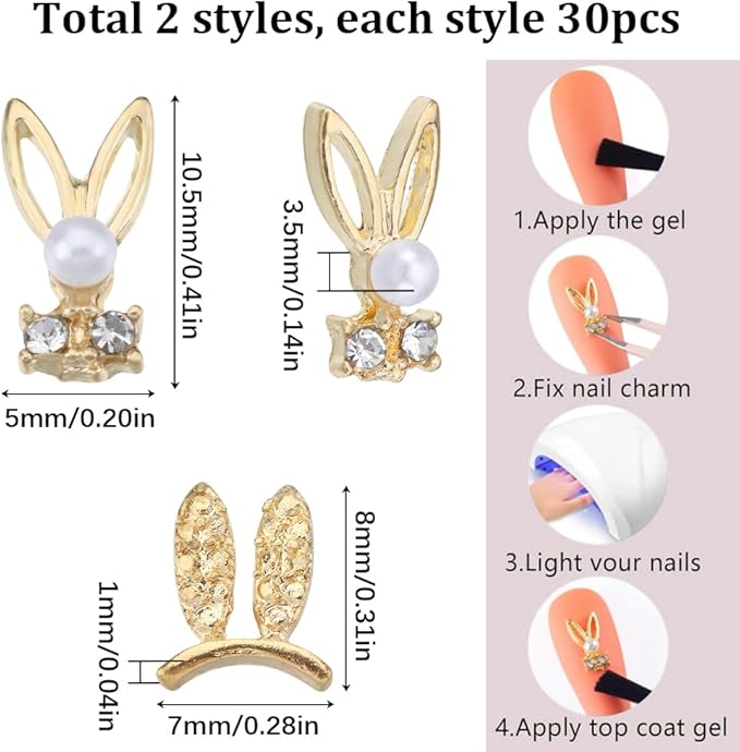 SUNNYCLUE 1 Box 60Pcs Bunny Nail Charms Bulk Mini Small Golden Rabbit Flatbacks Easter Nail Charms Pearl Beads Gems Nail Art Rhinestones Animal Nail Charms for Acrylic Nails Finger Nail Decoration