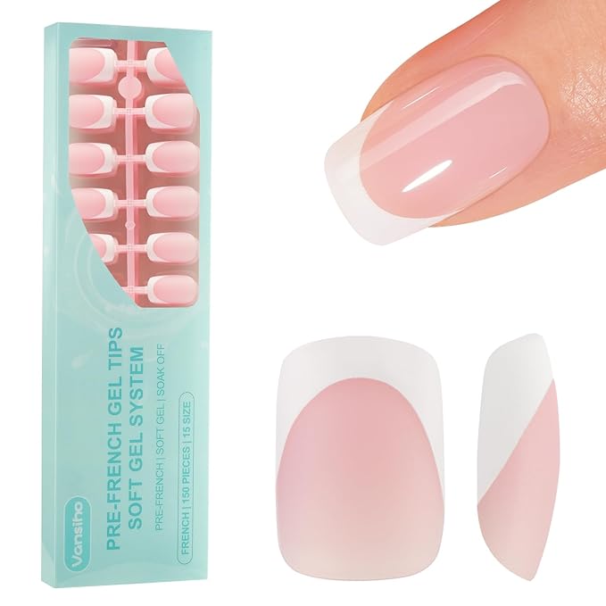 150Pcs French Gel Nails, Vansiho French Tip Press on Nails, Short Square Nail Tips Pink, Soft Gel Nails False Nail, Acrylic Fake Nails for Nail Art DIY 15 Sizes