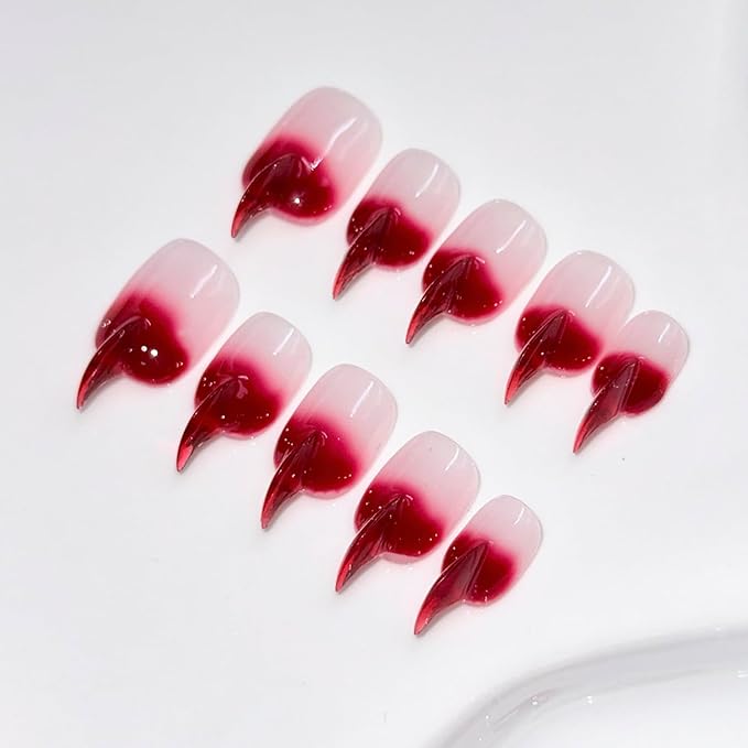 10 Pcs Curved Press on Nails Stiletto Medium Cat Claw False Nails Luxury 3D Red French Tip Cat Claw Handmade Fake Nails Thick Red Gradient Designs Glossy Acrylic Glue on Nail (S)