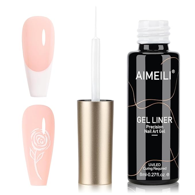 AIMEILI Gel Polish Nail Art Liner, Hema Free, Cruelty Free, Vegan, White Nail Paint Design Build in Thin Brush for Swirl French Tips Manicure DIY