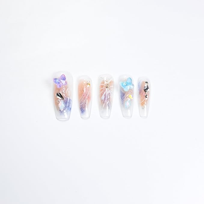Press on Nails, Middle Ladder Fake Nails Sugar Cube Rhinestones and Butterflies False Nails Small Pink Press on Nails for Women Girls Nail Art Decoration,Starry Night Butterfly - Smaill