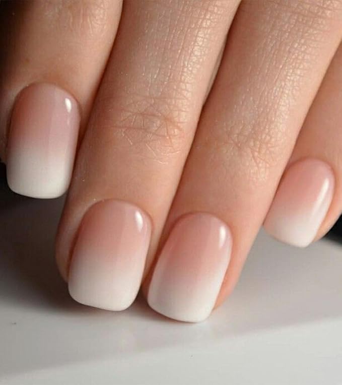 24pcs Short Press On Nails - Ombre Square Stick On, French Glue On with Jelly Sticker, Fake Nails Kit in 12 Sizes