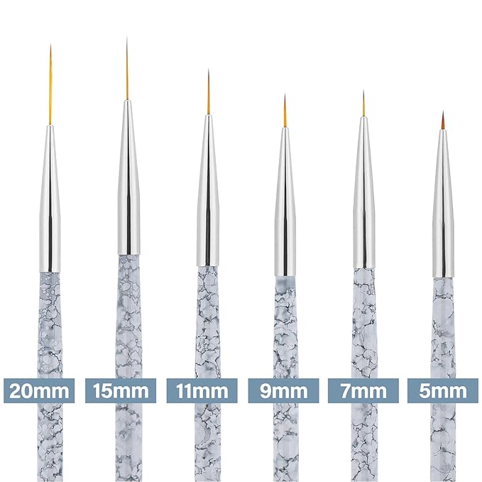 Tbestmax 6 Pcs Nail Art Liner Brushes, UV Gel Painting Acrylic Nail Brushes Striping Brushes for Short Strokes, Details, Blending, Elongated Lines 5/7/9/11/15/20mm