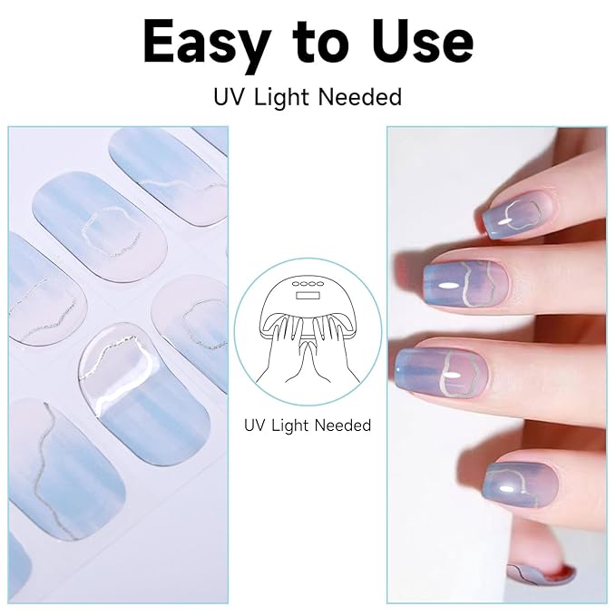 Semi Cured Gel Nail Strips, 28 pcs Gel Nail Stickers Work with Any UV Lights, Long-Lasting Nail Wraps, Stick on Nails for women Easy to Apply & Remove