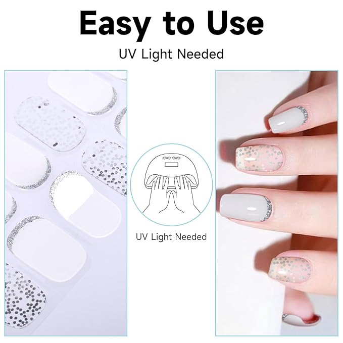 Semi Cured Gel Nail Strips, 28 pcs Gel Nail Stickers, Work with Any UV Lights, Shinny French Long-Lasting Nail Wraps, Stick on Nails for women Easy to Apply & Remove