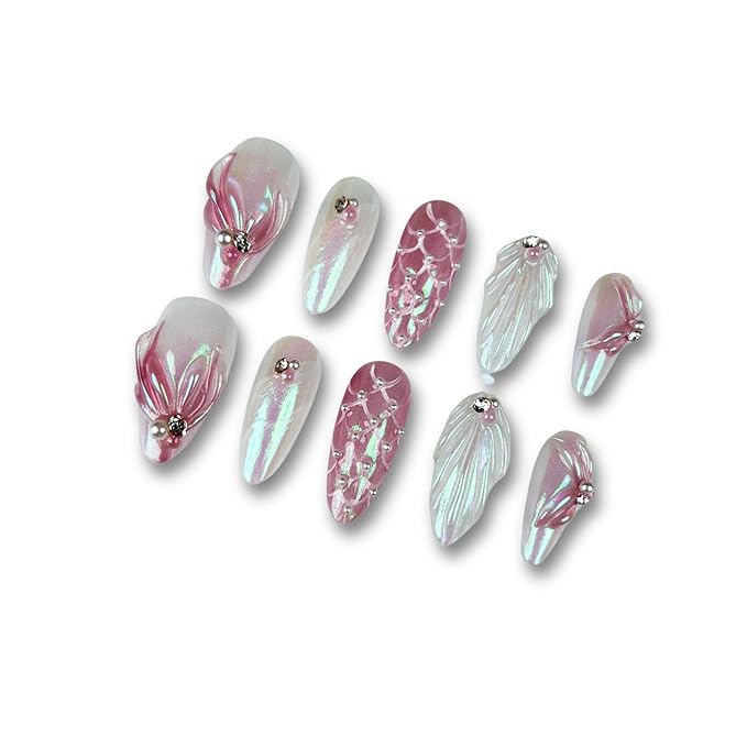 10PCS Handmade Unique 3D Almond Press-On Nails Salon Designs, Thick Acrylic Multi-Layer Gel False nails,UV/LED-Cured Reusable Sturdy Cat Eye Fake Nails for Women(048M)