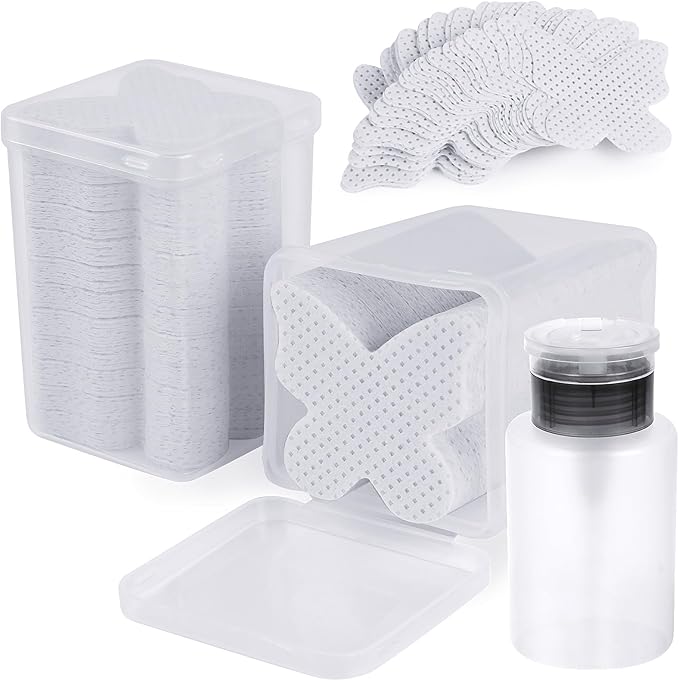 400PCS Lint Free Nail Wipes, Pink Lash Extensions Glue Cleaning Wipes, Nails Cleaning Pads Supplies,accompanied by 1 Empty Pump-Style Bottle Dispenser (White)