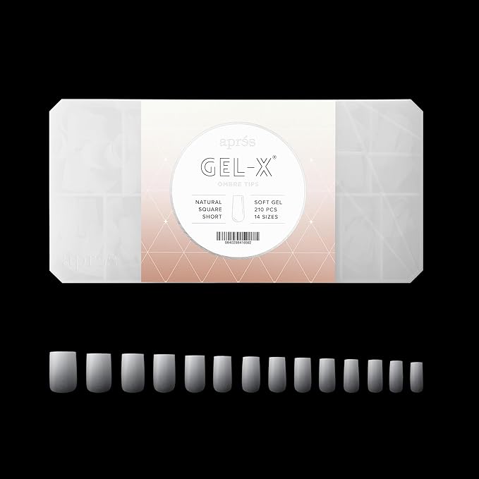 Apres Ombre Gel-X® Box of Nail Tips, 14 Sizes 00-9, Premium Quality (Natural Square Short, 210 Count)