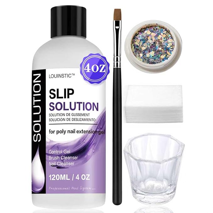 LOUINSTIC Poly Nail Gel Slip Solution - 4oz Slip Solution for Poly Nail Extension Gel, Anti-Stick Slip Solution for Nails, Brush Clean Liquid, Easy to Use, Beginners, Home Salon